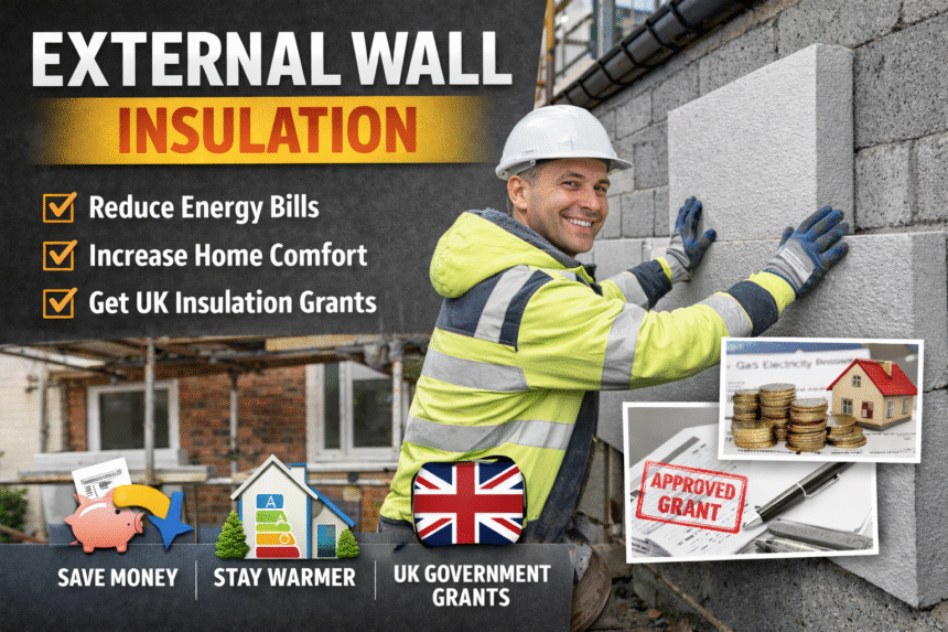 Smiling installer fitting grey EPS external wall insulation boards to a UK home as part of an energy efficiency upgrade under government insulation grants.