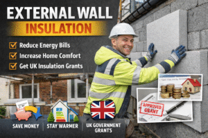 external wall insulation 2026 Smiling installer fitting grey EPS external wall insulation boards to a UK home as part of an energy efficiency upgrade under government insulation grants.