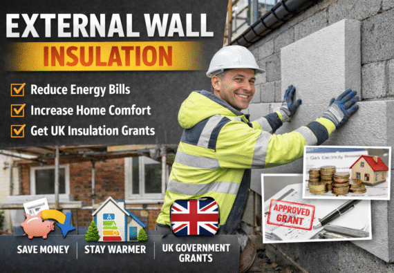 Smiling installer fitting grey EPS external wall insulation boards to a UK home as part of an energy efficiency upgrade under government insulation grants.
